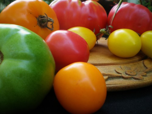 Heirloom Tomatoes on wood tray FAV2